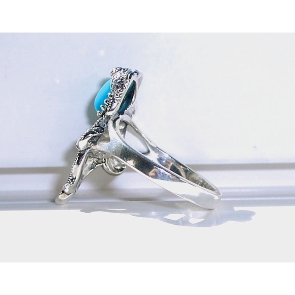 925 STERLING SILVER Simulated Turquoise Fish Ghost Marcasite Ring - Picture 7 of 16